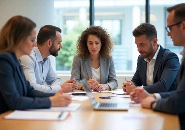 Consulting team collaborating intently around a table with documents and a laptop, showing professionalism and teamwork in a modern office.